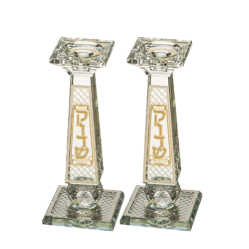 Pair of Crystal Elegant Candlesticks with Laser Cut Metal Plaque 20 cm