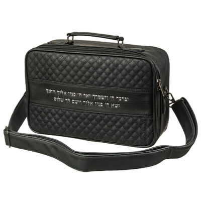 PU Leathere Fabric Talit 23*36 cm with Handle- Black with Embossed Letters