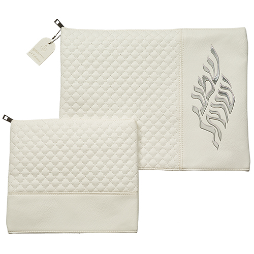 Leatherette Talit - Tefilin Set 36*29 cm White with Embossed Texture