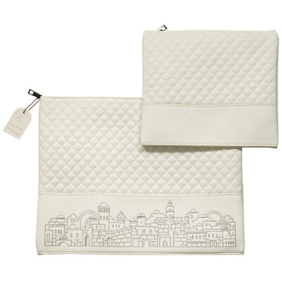 Leatherette Tallit - Tefillin Set 36*29 cm White with Embossed Texture