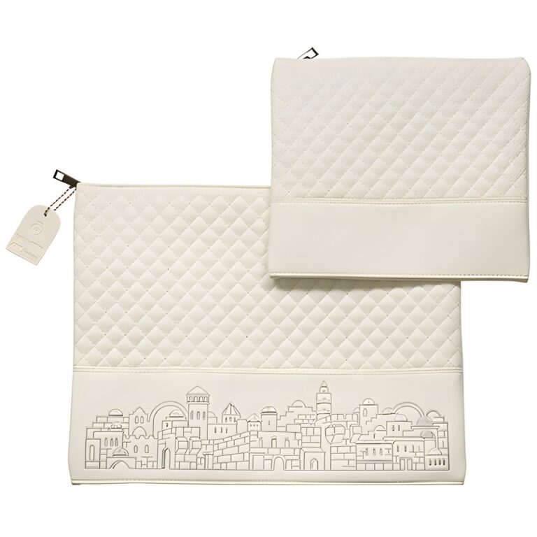 Leatherette Tallit - Tefillin Set 36*29 cm White with Embossed Texture