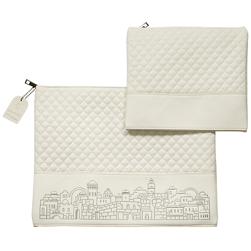 Leather Like Talit - Tefilin Set 36*29 cm White with Embossed Texture