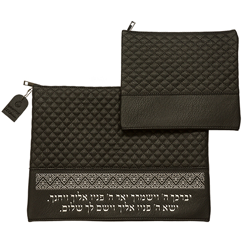 Leather Like Talit - Tefilin Set 36*29 cm Black with Embossed Texture