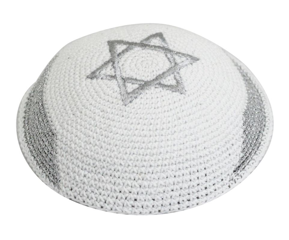 Knitted Kippah 16 cm with Silver Israel Flag Embroidery