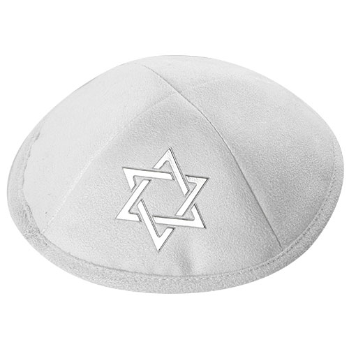 White Ultra Suede Kippah 19 cm with Golden Embroidered Magen David and Pin Spot