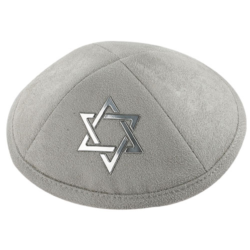 Gray Ultra Suede Kippah 19 cm with Silver Embroidered Magen David and Pin Spot