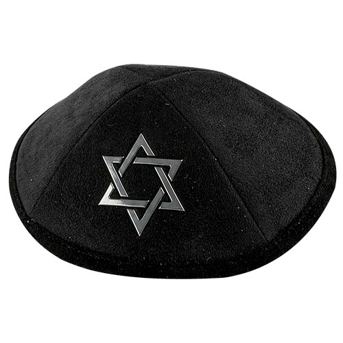 Black Ultra Suede Kippah 19 cm with Silver Embroidered Magen David and Pin Spot