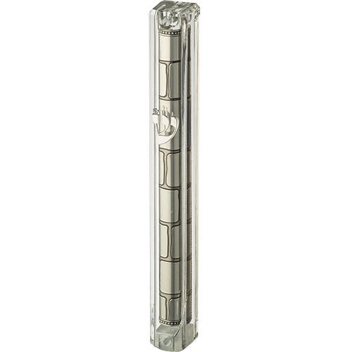 Transparent Plastic Mezuzah With Rubber Cork 12 Cm- With The Letter Shin And Plaque