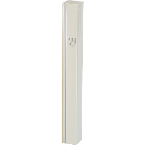 White Plastic Mezuzah 12 cm - Silver SHIN & Stripe with Rubber Cork