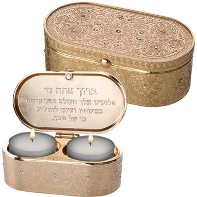 Metal Travel Size Candlesticks in a Box with cover inlaid with Stones 4X9 cm- filigreen