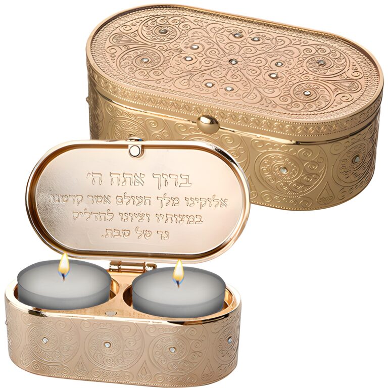 Metal Travel Size Candlesticks in a Box with cover inlaid with Stones 4X9 cm- filigreen