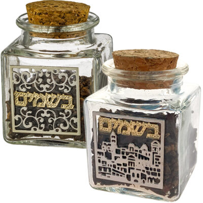 Glass Besamim Holder with Metal Plaque