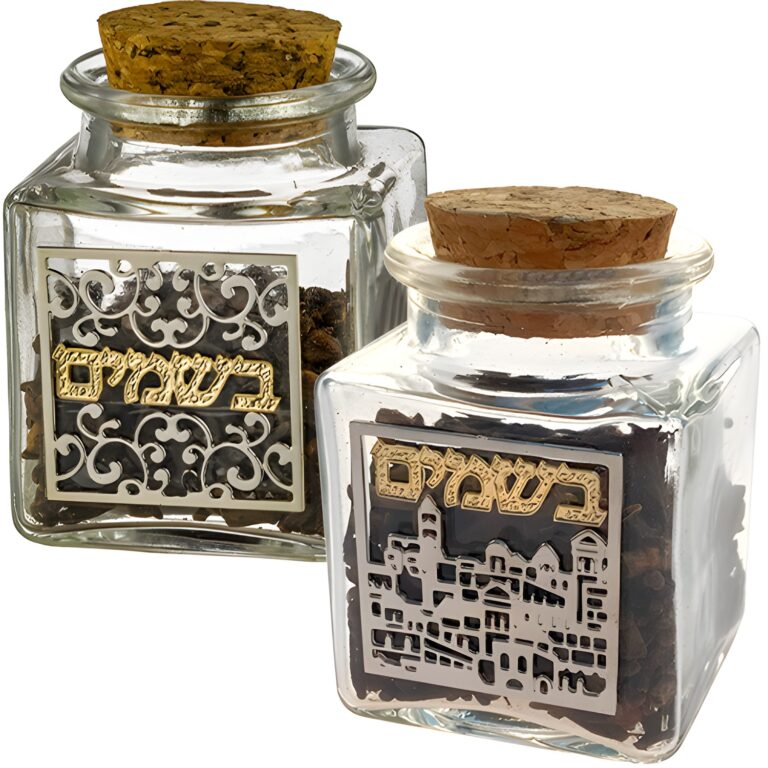 Glass Besamim Holder with Metal Plaque