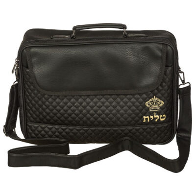 PU Leathere Fabric Talit 43*36 cm with Handle- Black with Embossed Letters