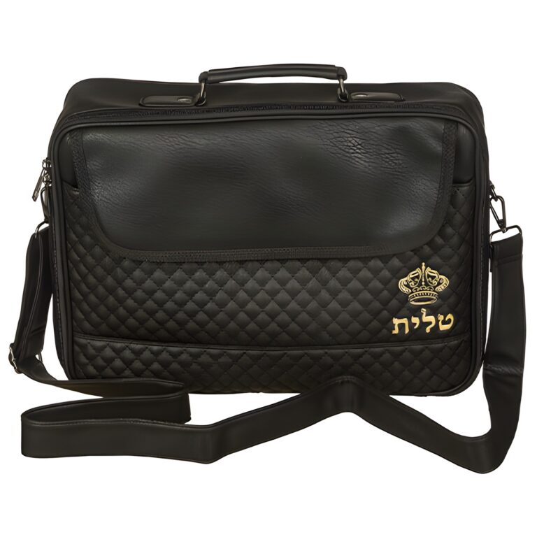 PU Leathere Fabric Talit 43*36 cm with Handle- Black with Embossed Letters