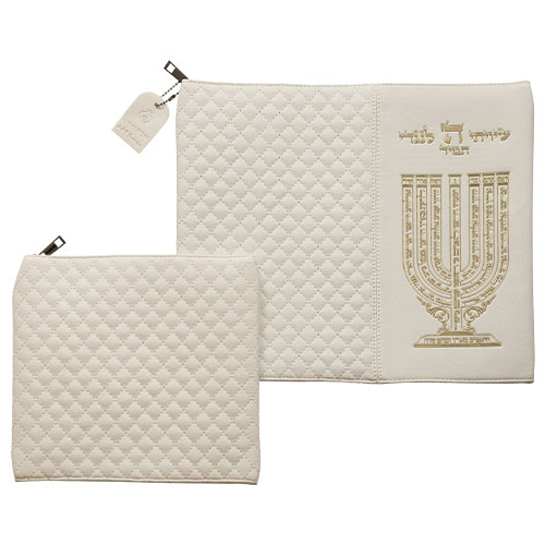 Leatherette Talit & Tefilin Set 38*31 cm - White with Embossed Letters