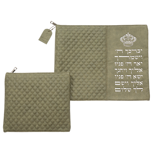 Leather Like Talit - Tefilin Set 36*29 cm Olive Green with Embossed Letters