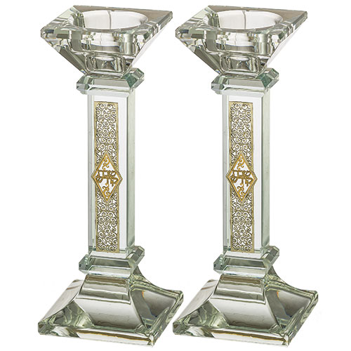 Crystal Candlesticks 16.5 cm with Metal Plaque- Ornaments