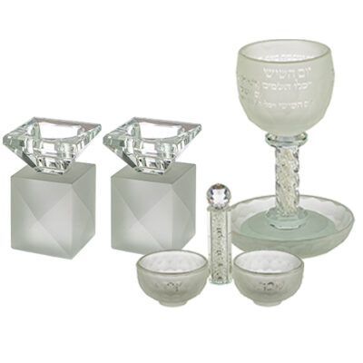 Crystal Set of Candlesticks ++ Kiddush Cup ++ Salt & Pepper Stand with Stones - Matte