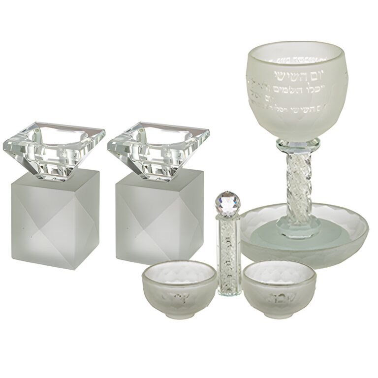 Crystal Set of Candlesticks ++ Kiddush Cup ++ Salt & Pepper Stand with Stones - Matte