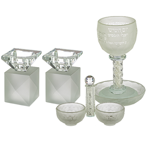 Crystal Set Of Candlesticks + Kiddush Cup + Salt & Pepper Stand with Stones