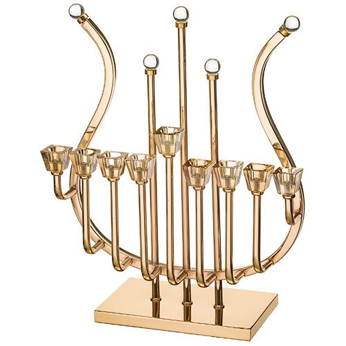 Metal "Harp" Menorah 36 cm with Crystal Cups- Golden Finish