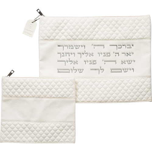 Leatherette Talit & Tefilin Set 38*31 cm - White with Embossed Letters