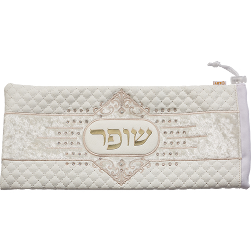 Faux Leather Shofar Bag 20X42 cm - White with Embroidery