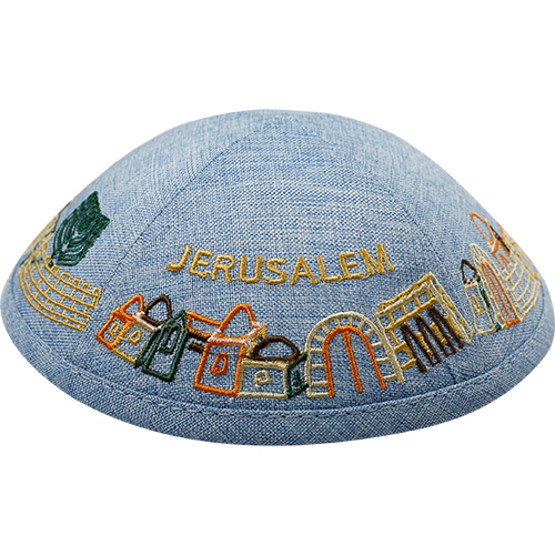 Linen Kippah With Embroidery 19 cm