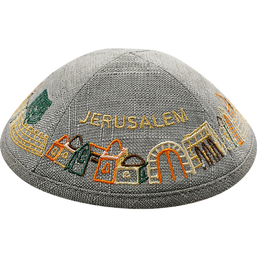 Linen Kippah With Embroidery 19 cm