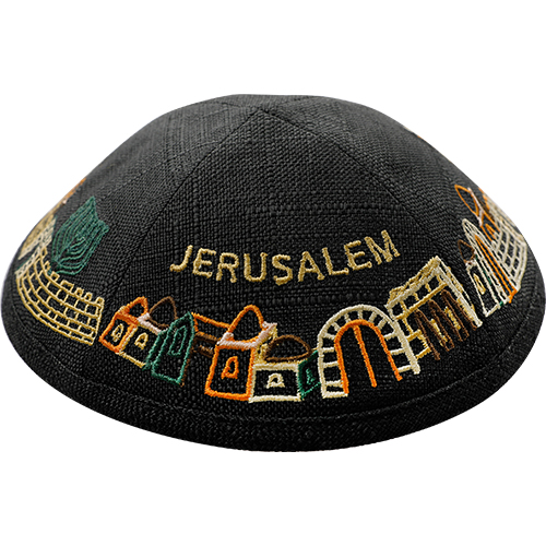 Linen Kippah With Embroidery 19 cm