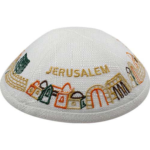 Linen Kippah With Embroidery 19 cm