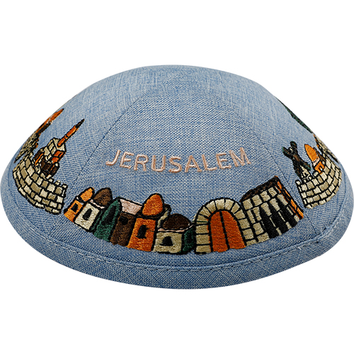 Linen Kippah With Embroidery 19 cm