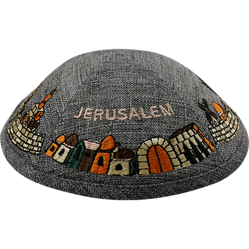 Linen Kippah With Embroidery 19 cm