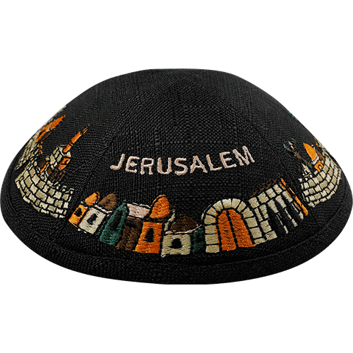 Linen Kippah With Embroidery 19 cm