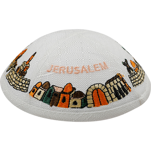 Linen Kippah With Embroidery 19 cm