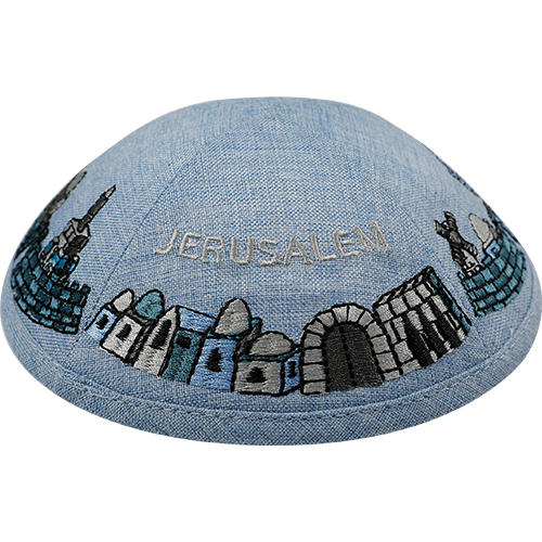 Linen Kippah With Embroidery 19 cm