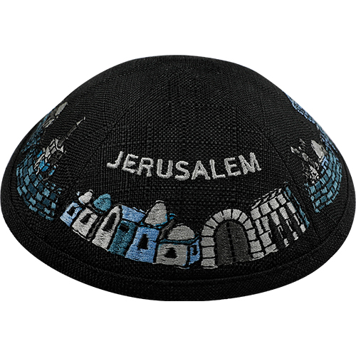 Linen Kippah With Embroidery 19 cm