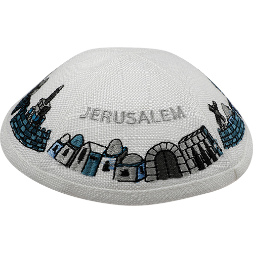 Linen Kippah With Embroidery 19 cm