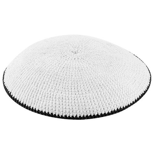 Knitted D.M.C Kippah 16 cm - Sheer WHITE withBLACK  rim