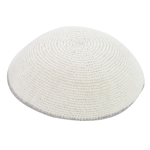 Knitted D.M.C Kippah 16 cm - Sheer WHITE with SILVER  rim