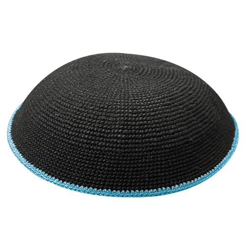 Knitted D.M.C Kippah 18 cm - Sheer Black WITH BLUE RIM