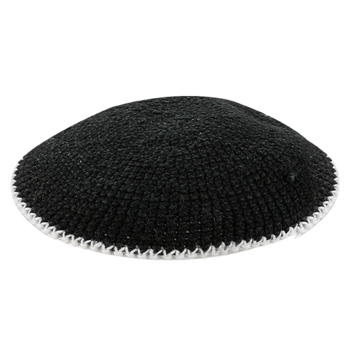 Knitted D.M.C Kippah 20 cm - Sheer Black WITH WHITE RIM