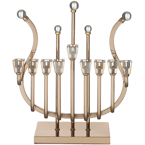 Metal "Harp" Menorah 36 cm with Golden Crystal Cups-Rose gold Finish