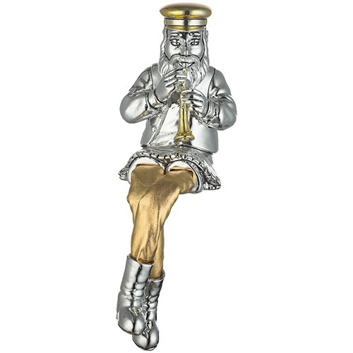 Silvered Polyresin Sitting Hassidic Figurine With Cloth Legs 25 Cm- Clarinet Player