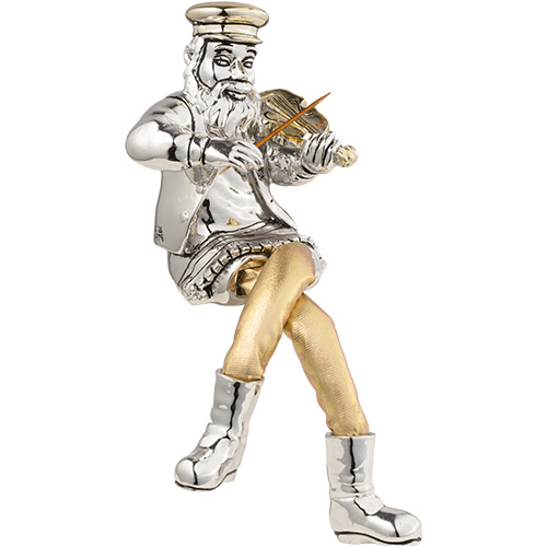 Silvered Polyresin Sitting Hassidic Figurine With Cloth Legs 25 Cm- Clarinet Player