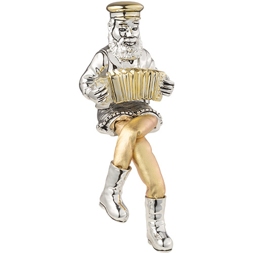 Silvered Polyresin Sitting Hassidic Figurine With Cloth Legs 25 Cm- Clarinet Player