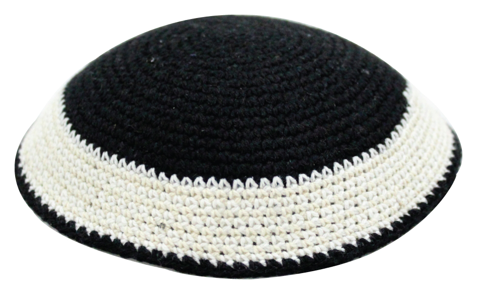 C Knitted Kippah 18 Cm- Black With Yellow & Black Around