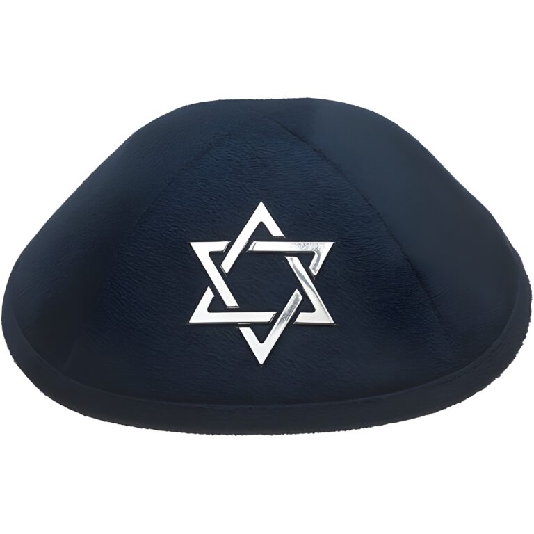 Dark Blue Ultra Suede Kippah 19 cm with Silver Embroidered Magen David and Pin Spot