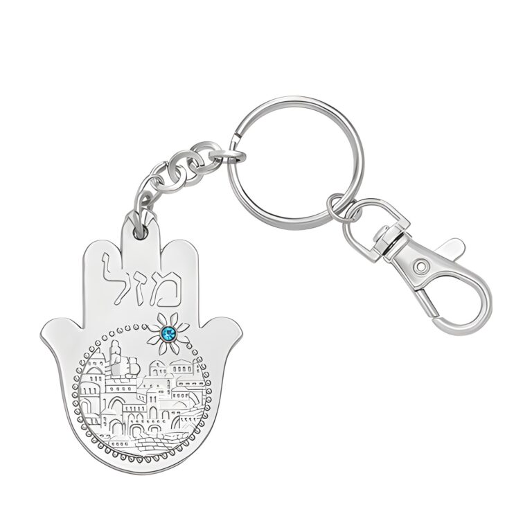 Metal Keyholder Hamsa "Mazal" 5.5 cm - Nickel - with Stones